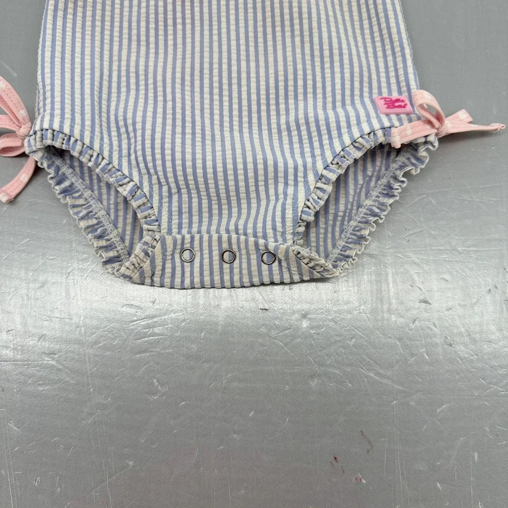 RuffleButts Baby Girl‎ Blue Seersucker Striped LS One Piece Swimsuit 12-18M